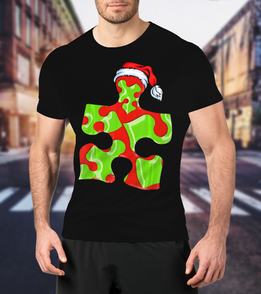 Puzzle Piece Santa Hat Red Green Autism Awareness T-Shirt