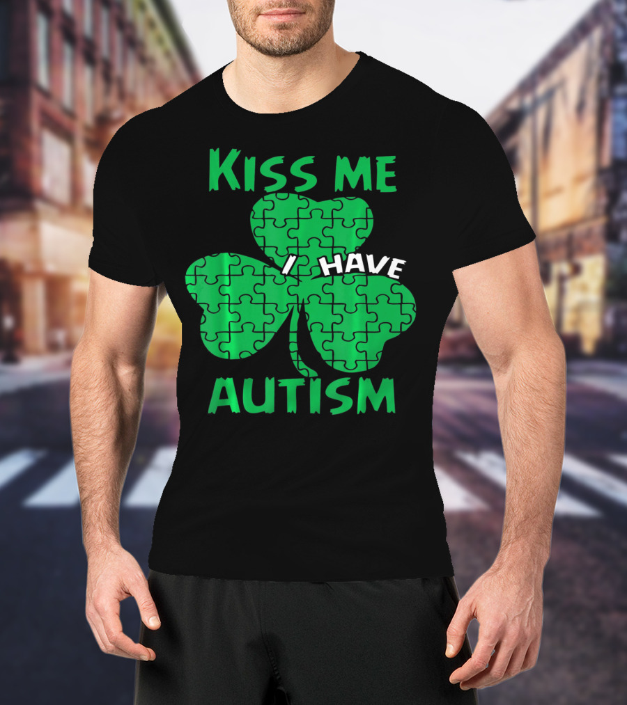 Kiss Me I Have Autism Awareness Shamrock Puzzle T-Shirt
