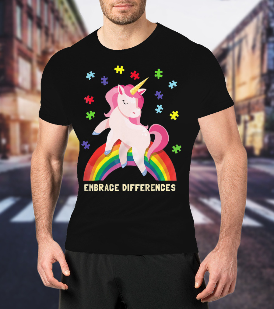 Embrace Differences Autism Awareness Youth Unicorn Rainbow Puzzle Pieces T-Shirt