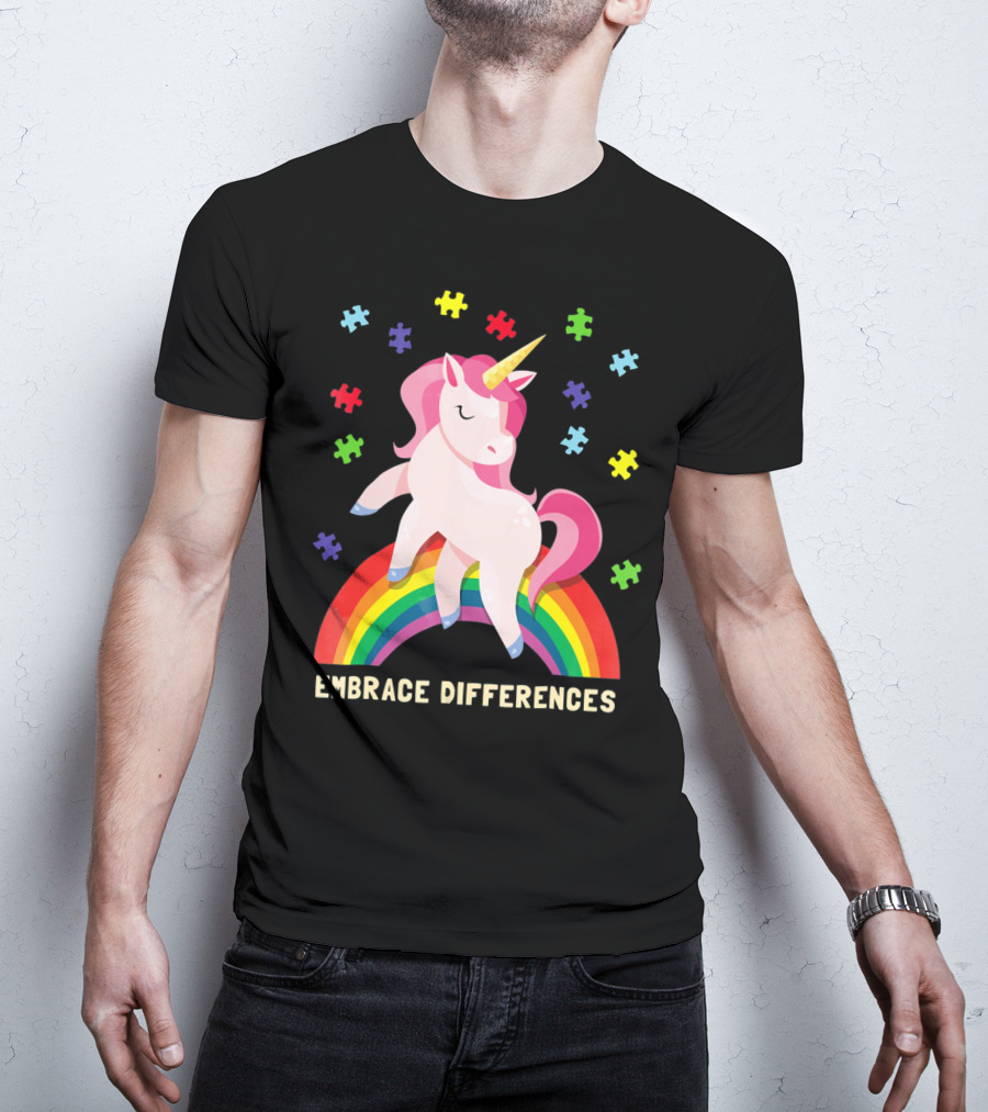 Embrace Differences Autism Awareness Youth Unicorn Rainbow Puzzle Pieces T-Shirt
