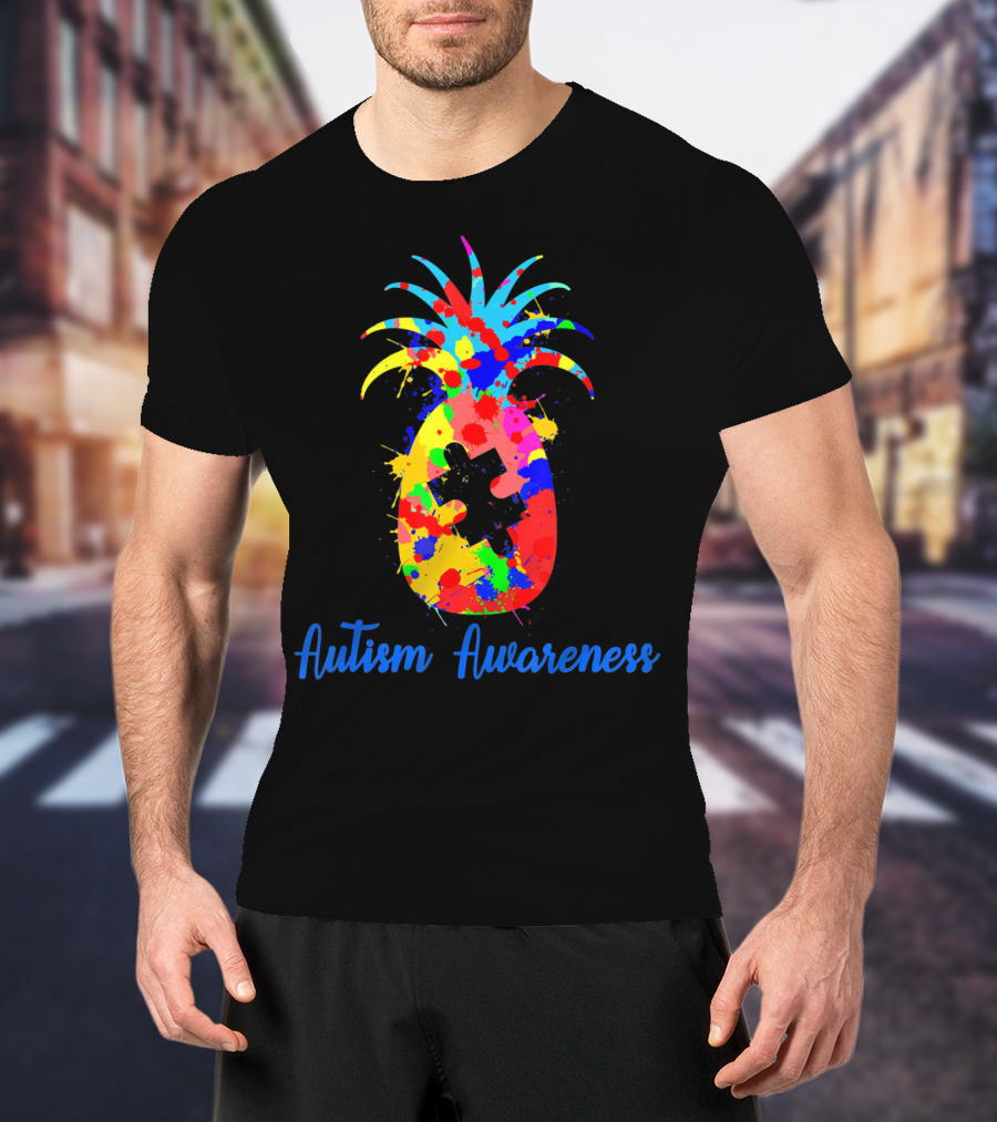 Pineapple Puzzle Piece Autism Awareness Colorful Paint Splatter T-Shirt
