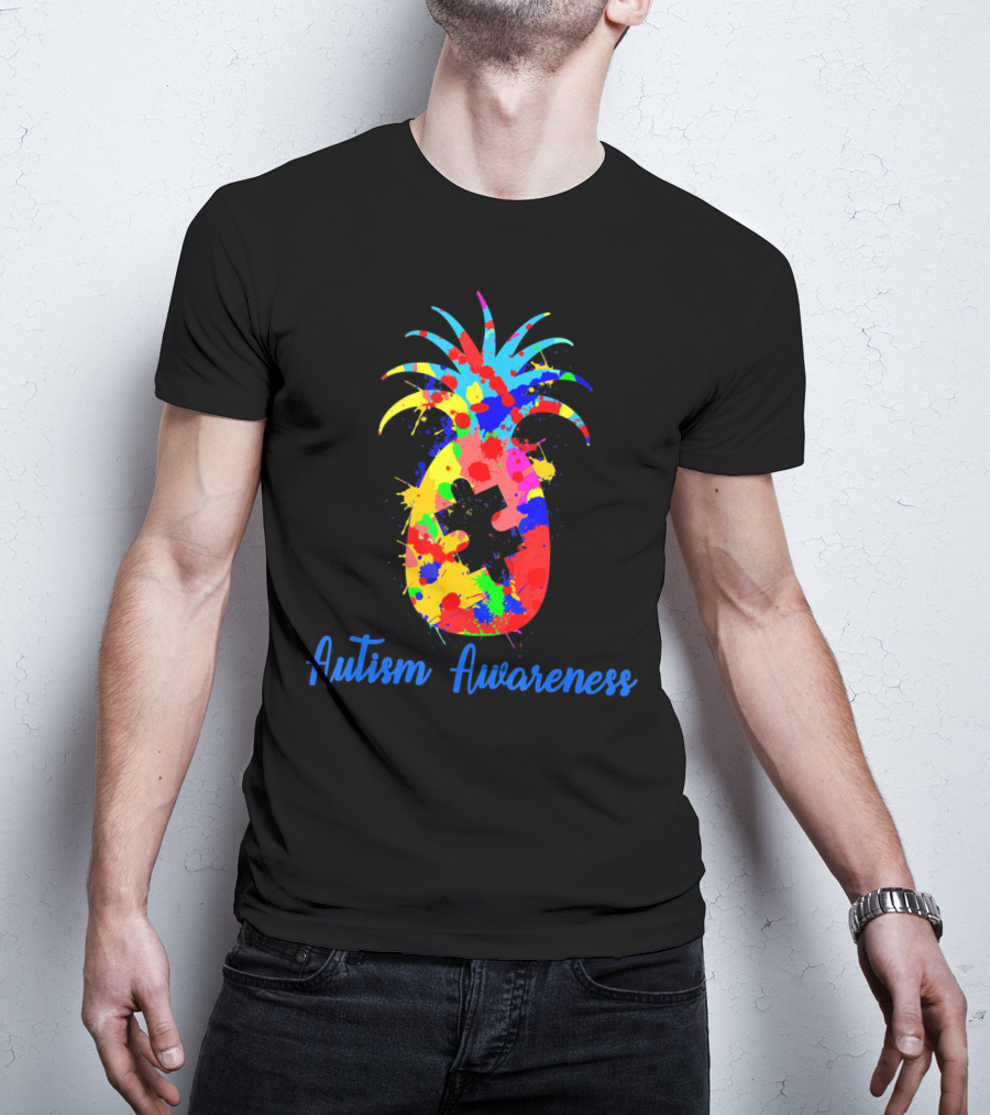 Pineapple Puzzle Piece Autism Awareness Colorful Paint Splatter T-Shirt