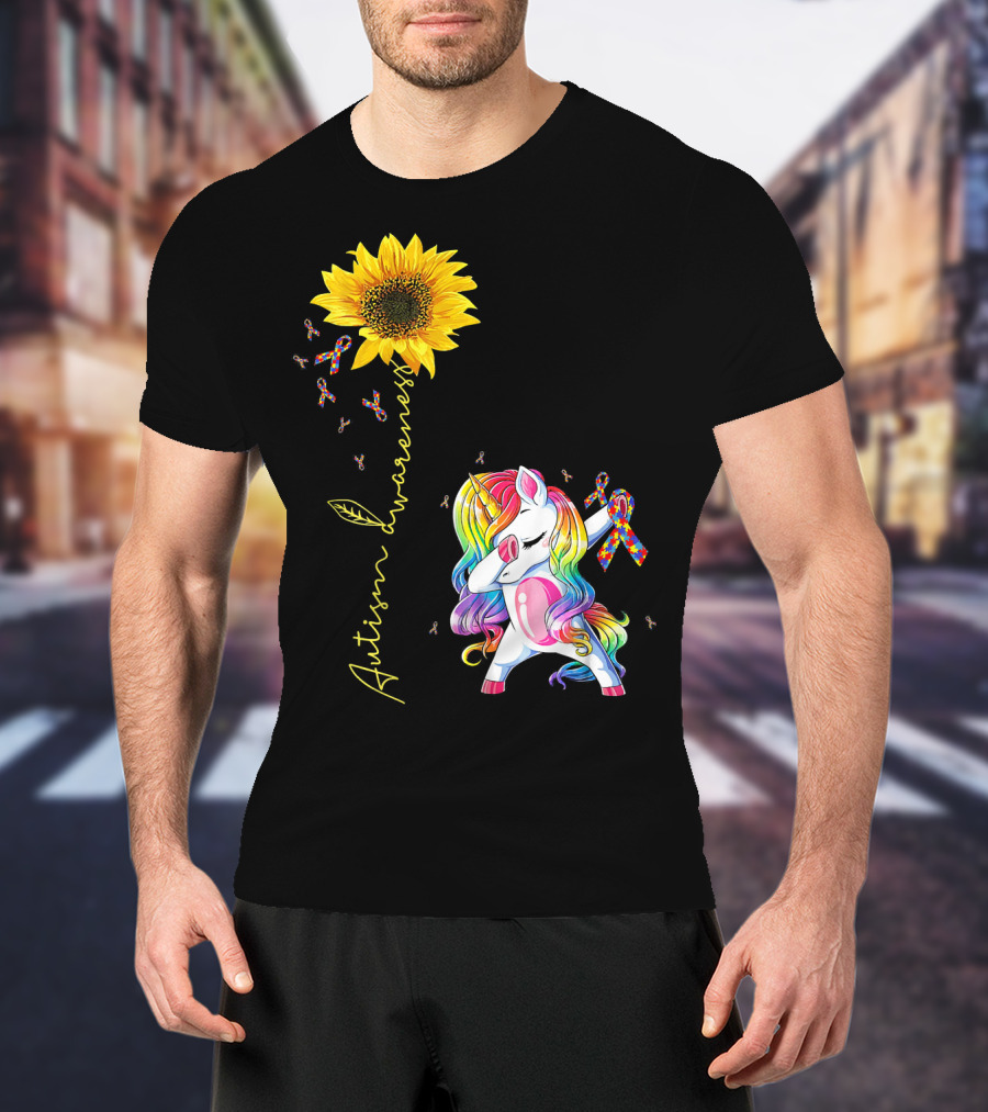 Autism Awareness Unicorn With Rainbow Ribbon Sunflower T-Shirt