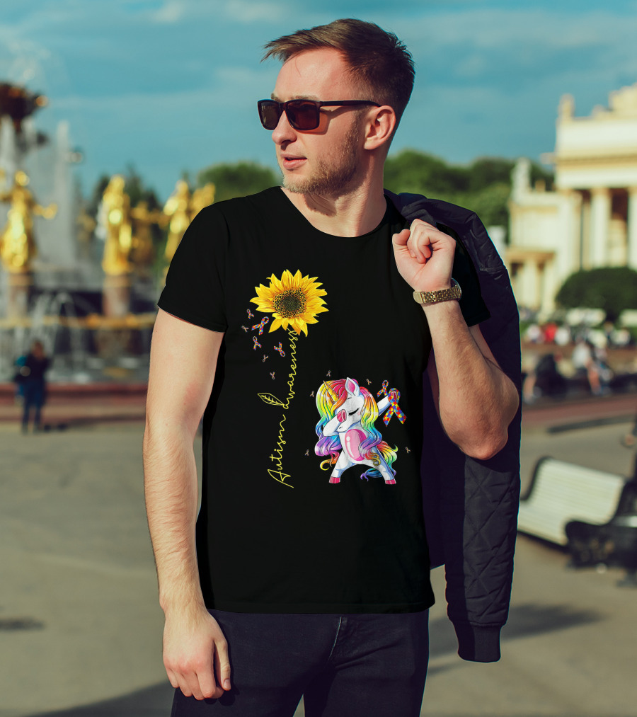 Autism Awareness Unicorn With Rainbow Ribbon Sunflower T-Shirt