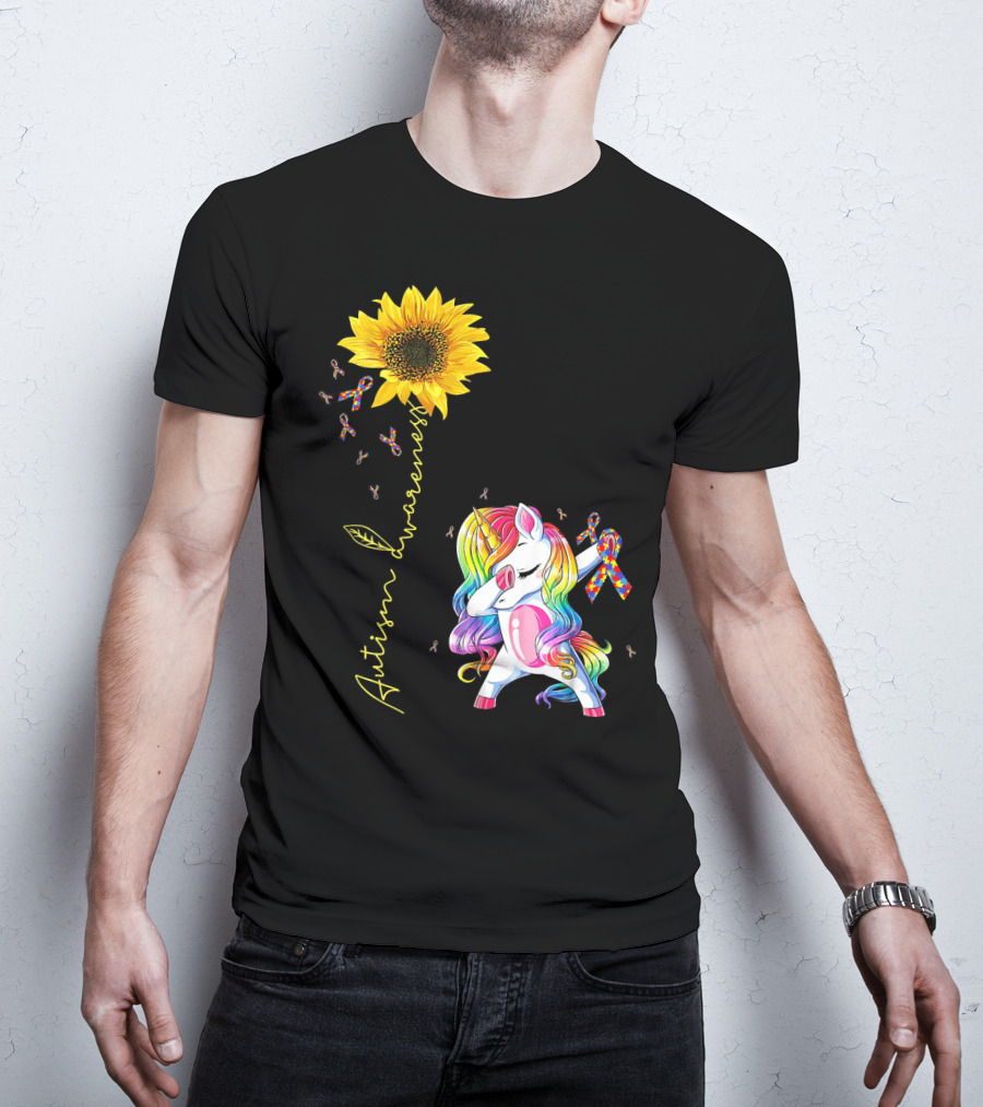 Autism Awareness Unicorn With Rainbow Ribbon Sunflower T-Shirt