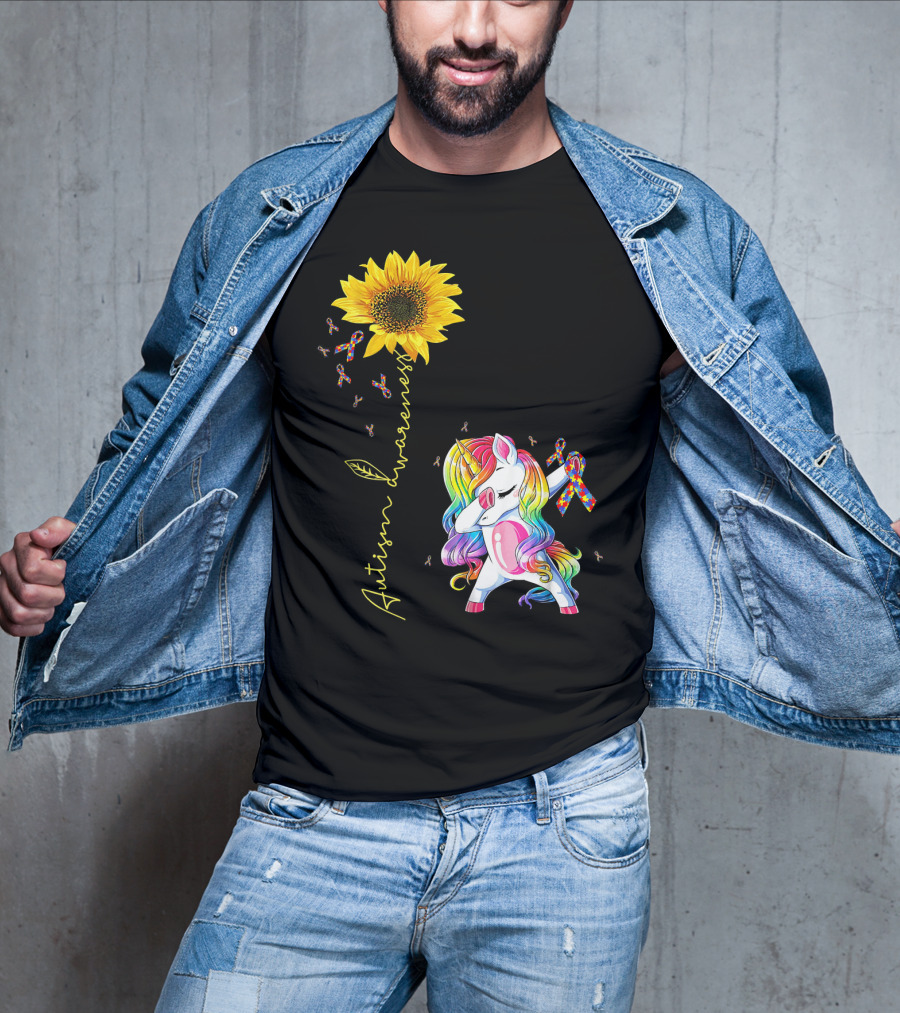 Autism Awareness Unicorn With Rainbow Ribbon Sunflower T-Shirt