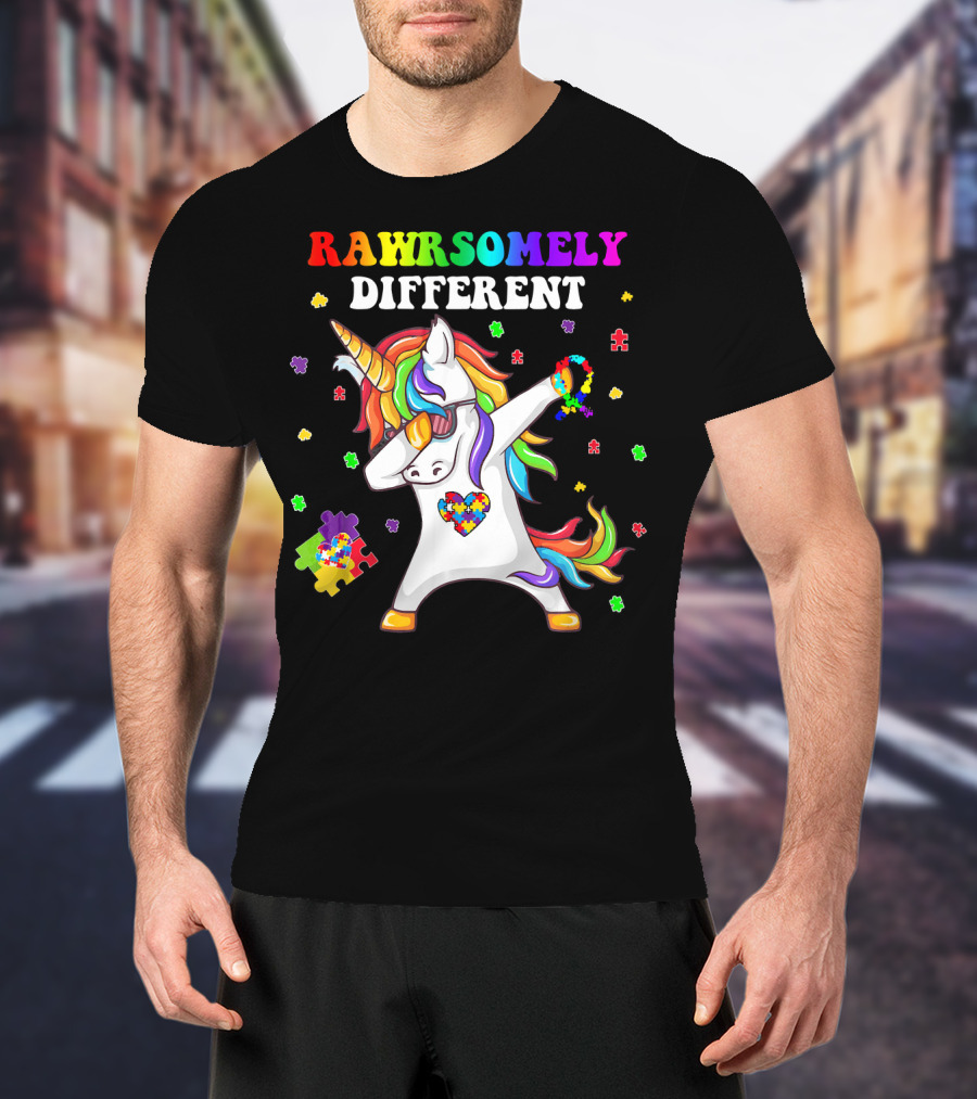 Rawrsomely Different Unicorn Autism Awareness Puzzle Pieces Dabbing T-Shirt