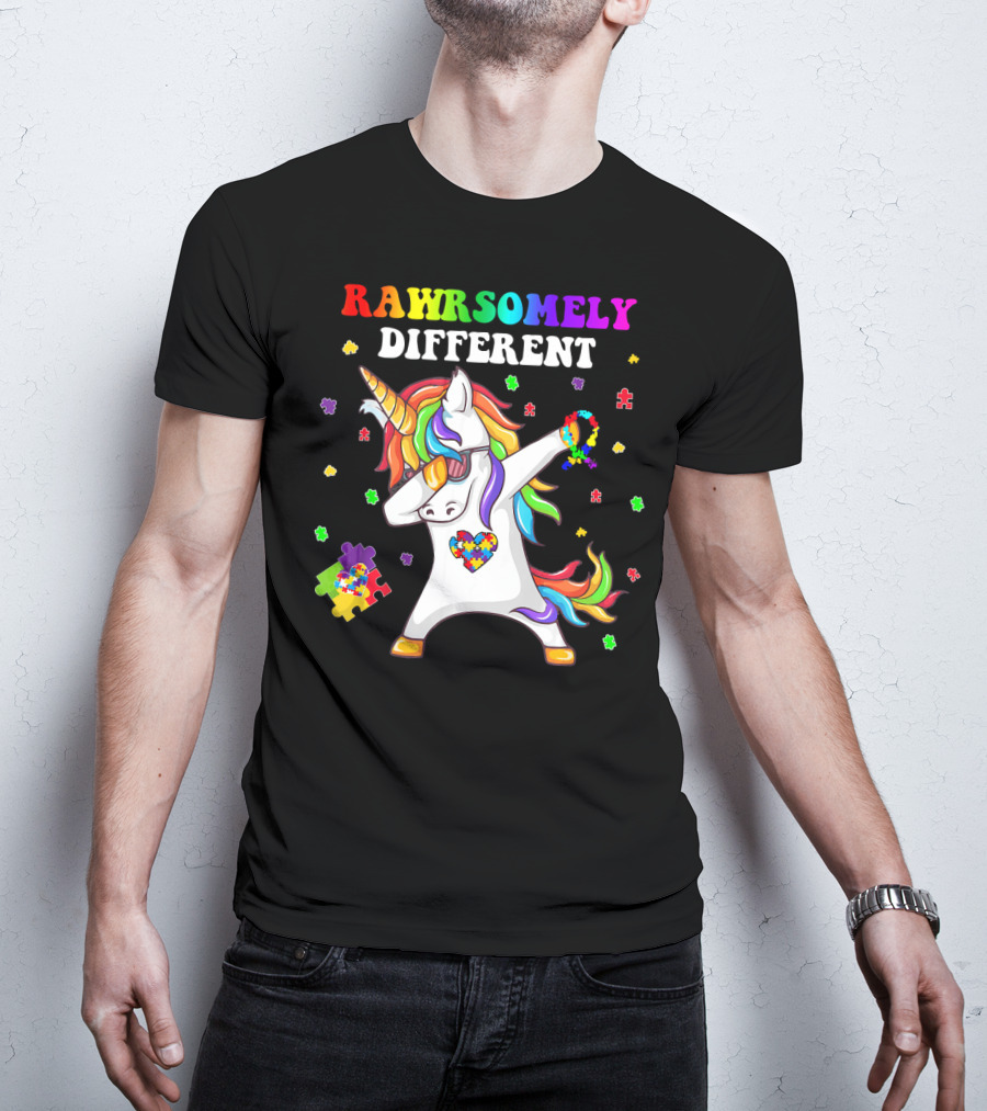 Rawrsomely Different Unicorn Autism Awareness Puzzle Pieces Dabbing T-Shirt