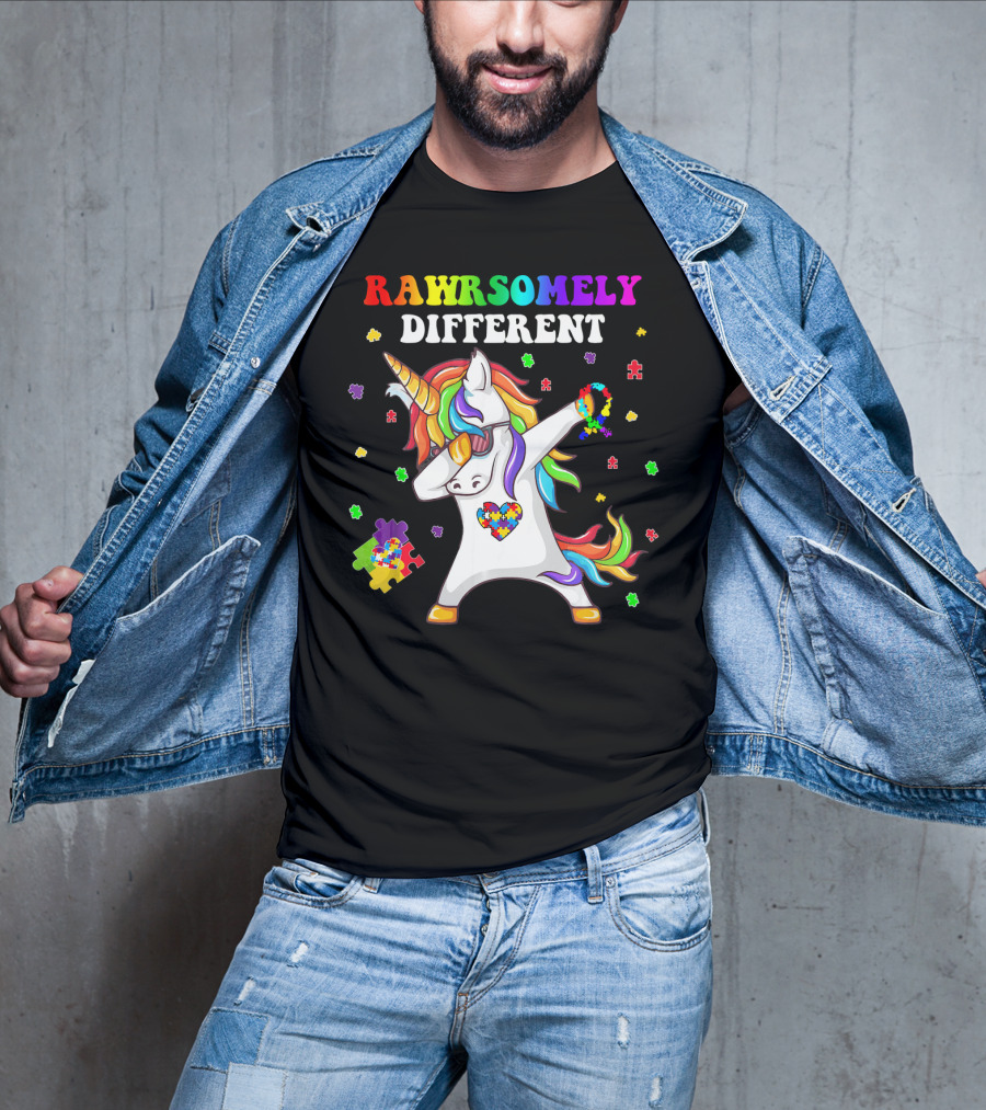 Rawrsomely Different Unicorn Autism Awareness Puzzle Pieces Dabbing T-Shirt