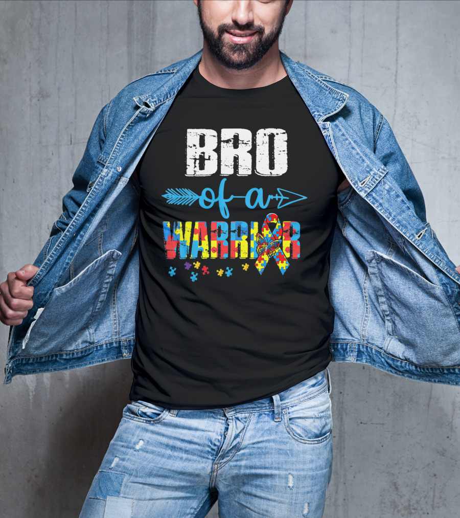 Bro Of A Warrior Autism Awareness Puzzle Ribbon Butterfly Arrow T-Shirt