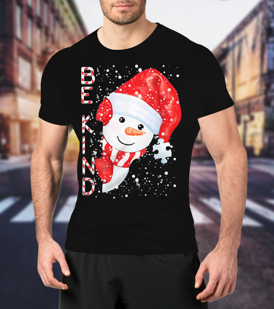 Be Kind Snowman Santa Hat Autism Puzzle Piece Holiday T-Shirt