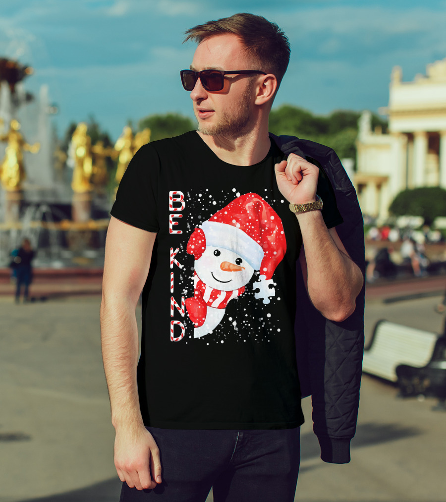 Be Kind Snowman Santa Hat Autism Puzzle Piece Holiday T-Shirt