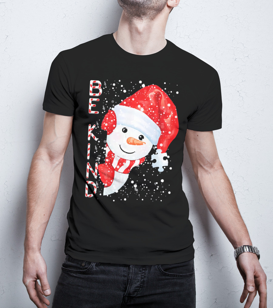 Be Kind Snowman Santa Hat Autism Puzzle Piece Holiday T-Shirt
