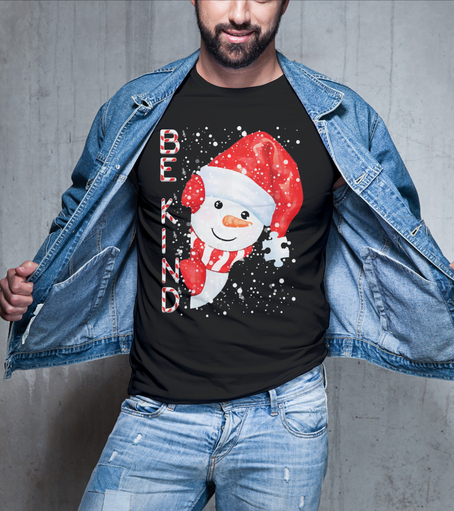 Be Kind Snowman Santa Hat Autism Puzzle Piece Holiday T-Shirt