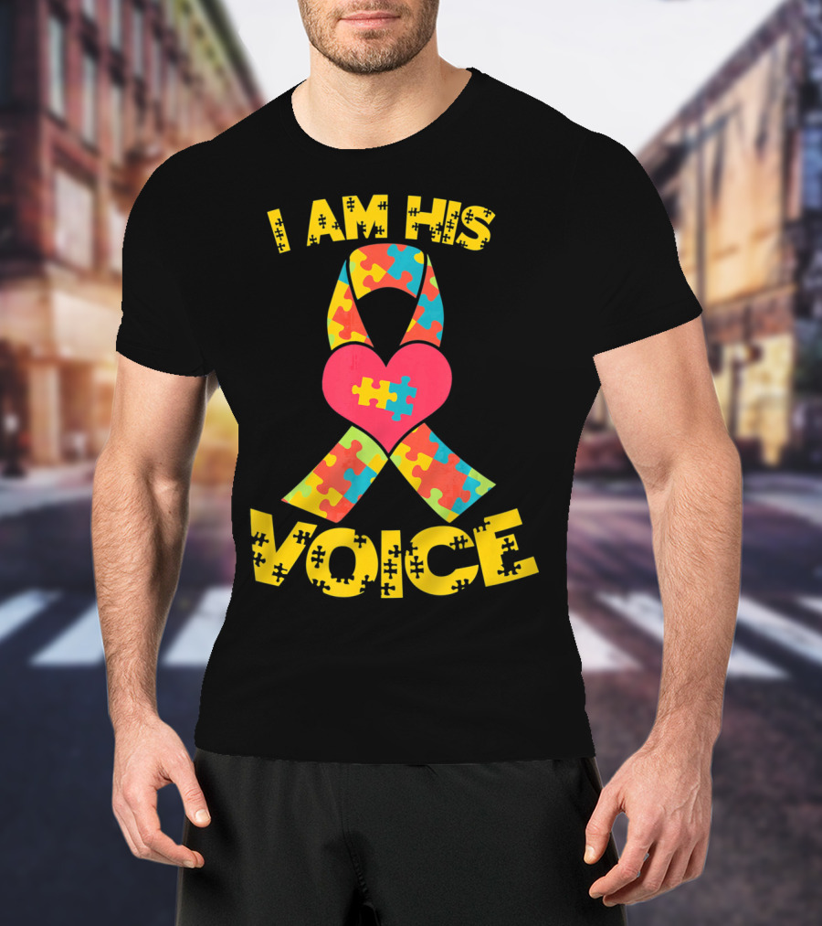 I Am His Voice Autism Awareness Puzzle Ribbon Heart T-Shirt