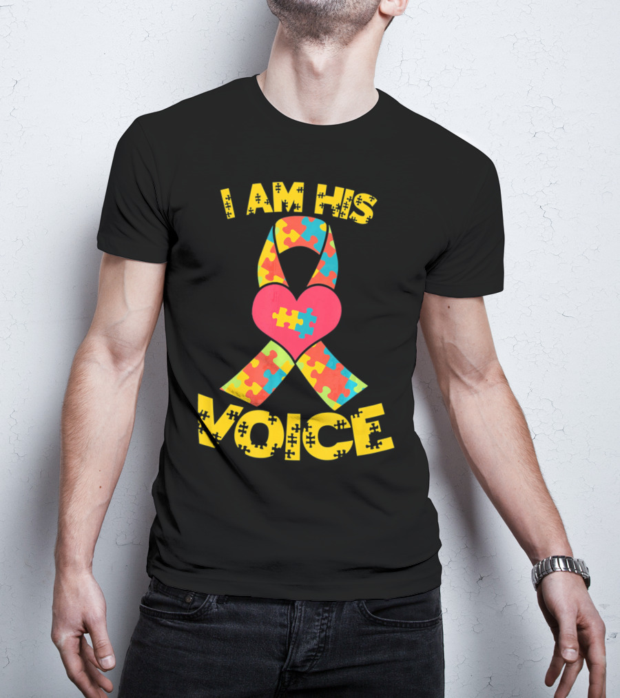 I Am His Voice Autism Awareness Puzzle Ribbon Heart T-Shirt