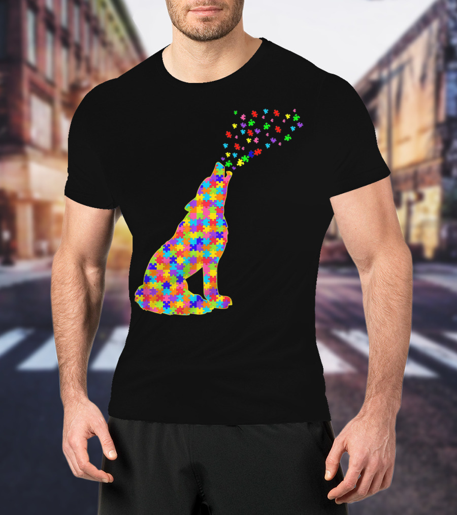 Wolf Puzzle Autism Awareness Puzzle Pieces T-Shirt