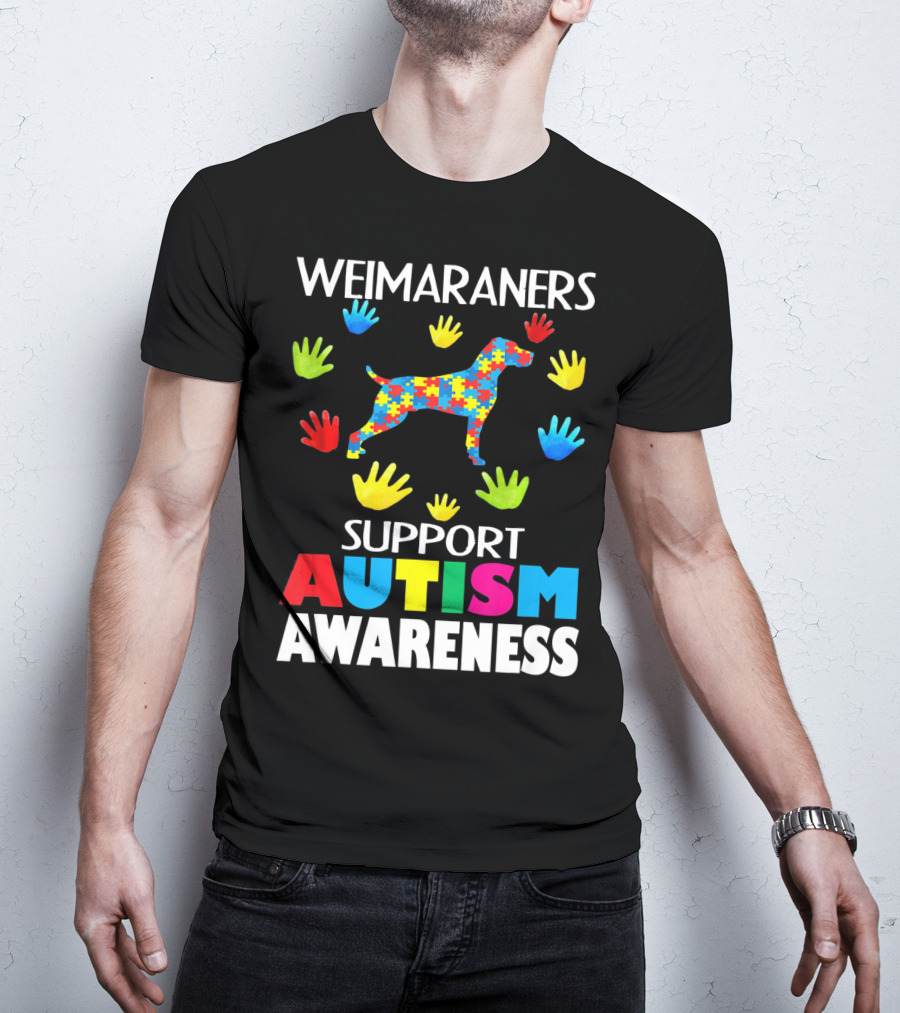Weimaraners Support Autism Awareness Puzzle Piece Dog With Colorful Hands T-Shirt