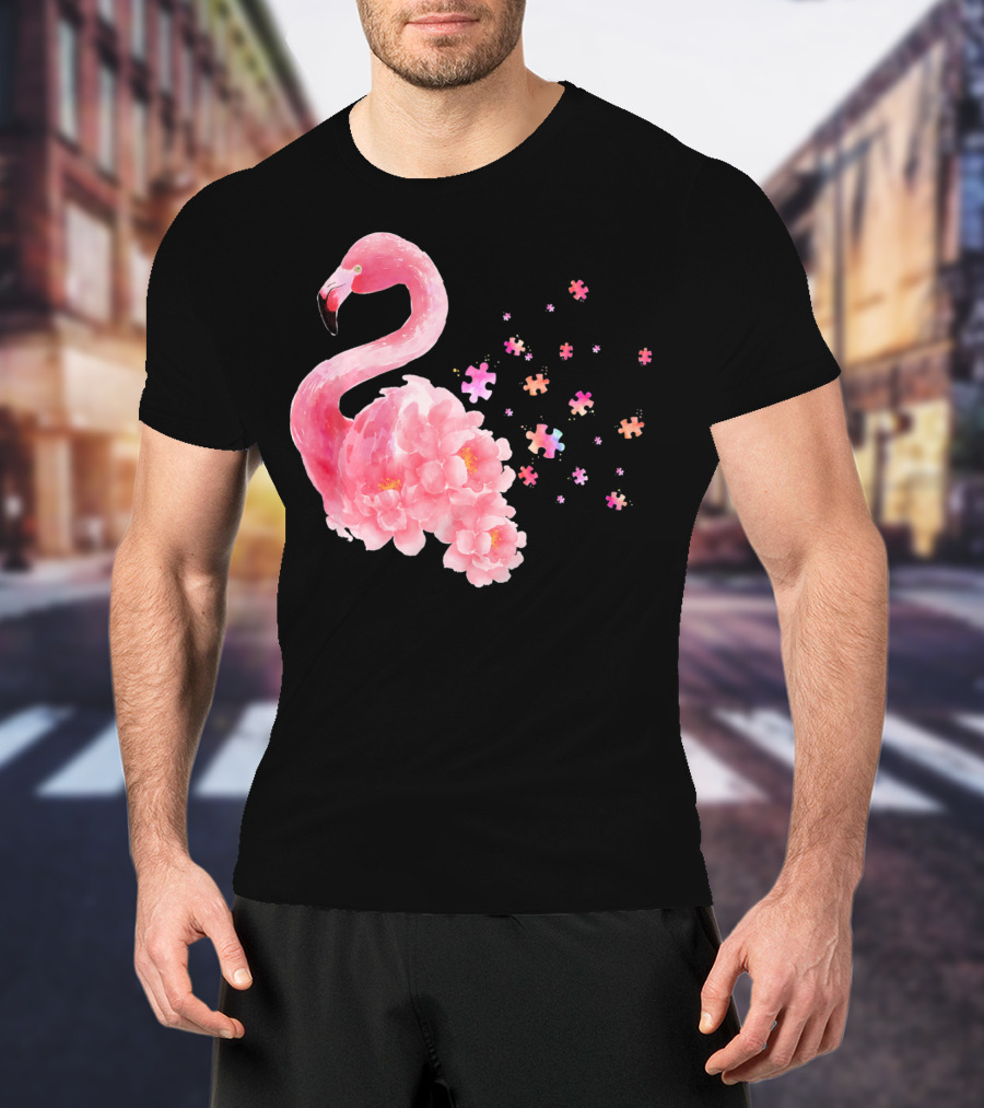 Flamingo Puzzle Autism Awareness Floral Elements T-Shirt