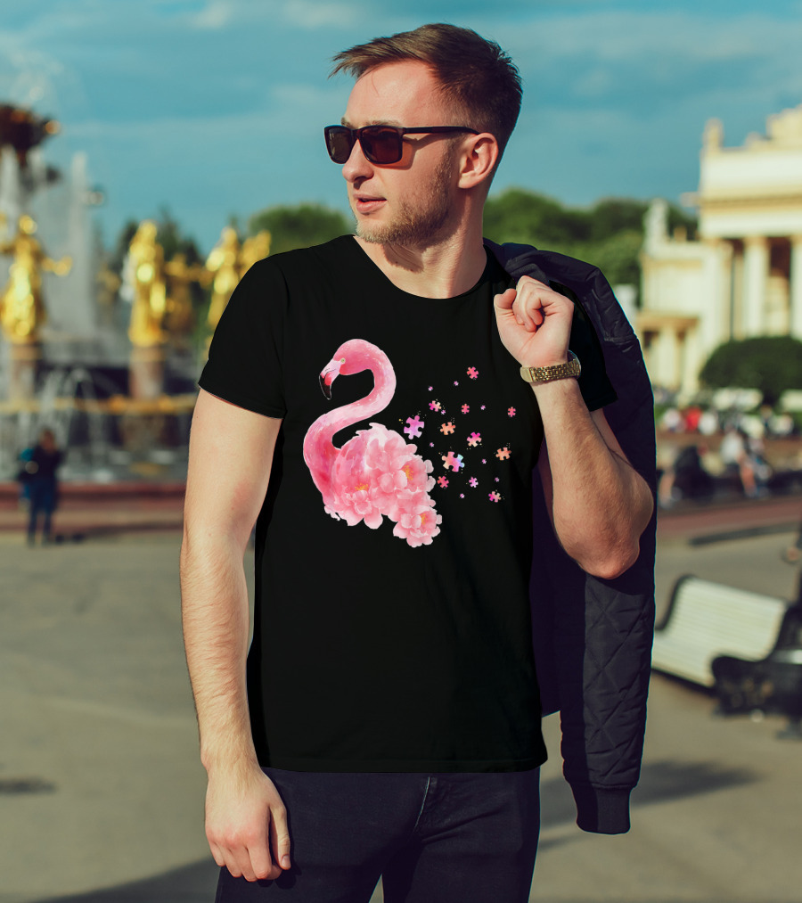 Flamingo Puzzle Autism Awareness Floral Elements T-Shirt