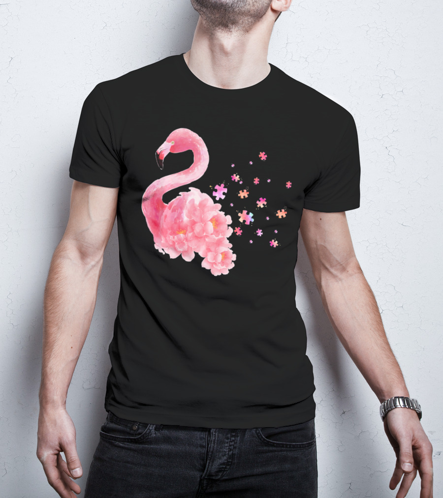 Flamingo Puzzle Autism Awareness Floral Elements T-Shirt