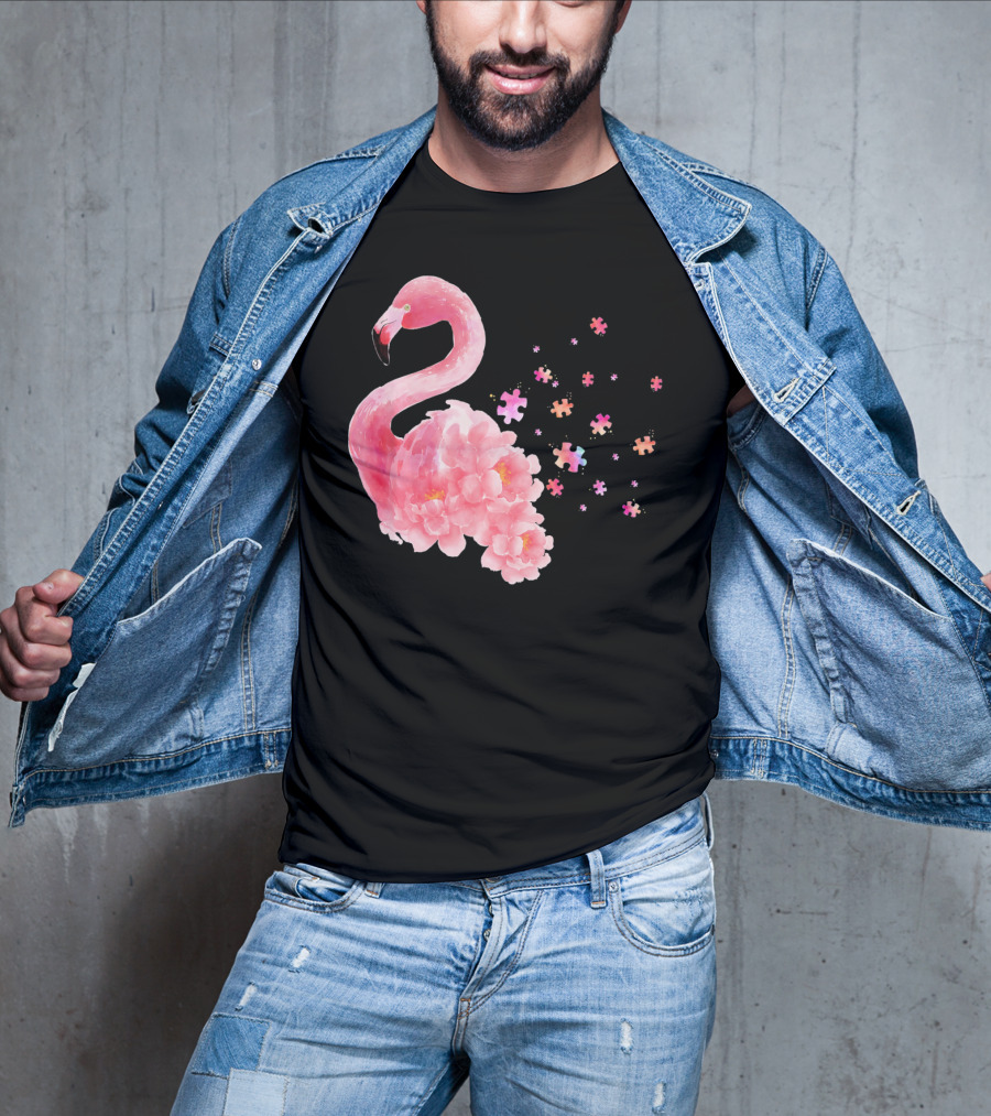 Flamingo Puzzle Autism Awareness Floral Elements T-Shirt