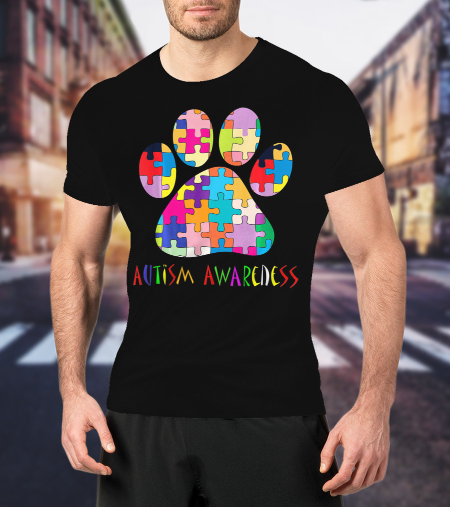 Autism Awareness Colorful Puzzle Dog Paw T-Shirt