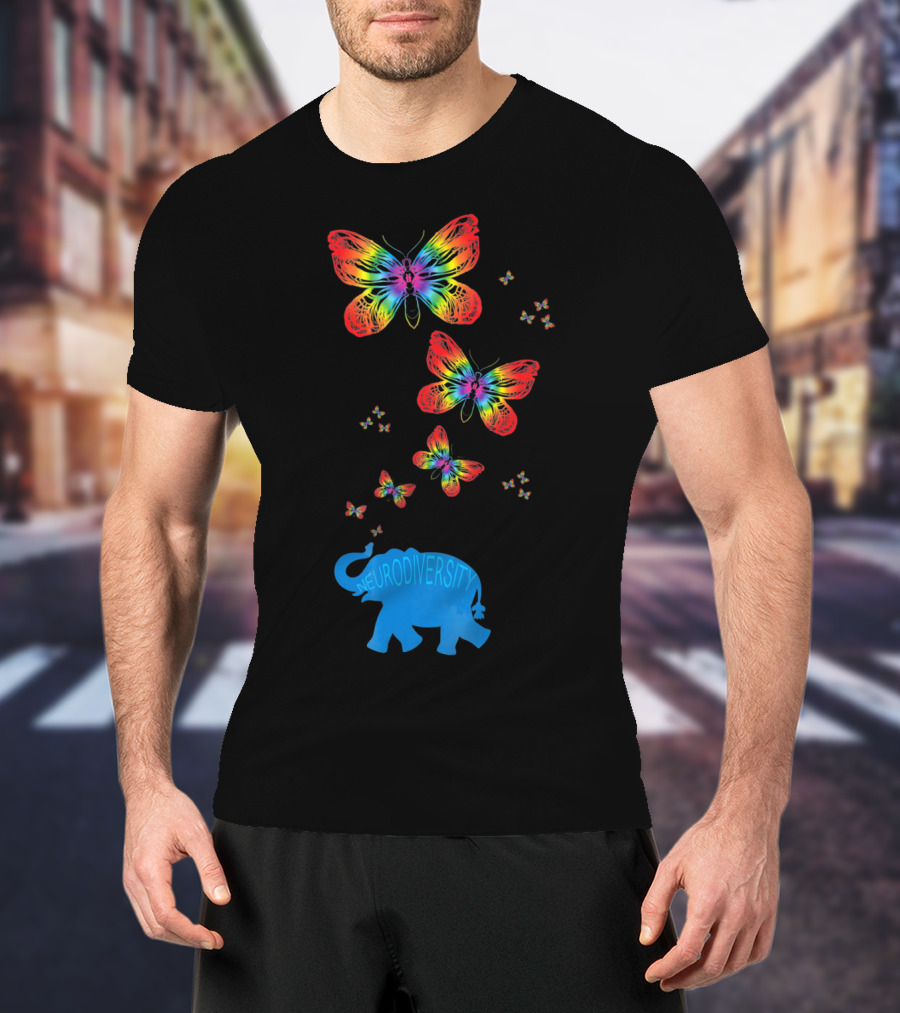 Neurodiversity Autism Elephant With Rainbow Butterflies T-Shirt