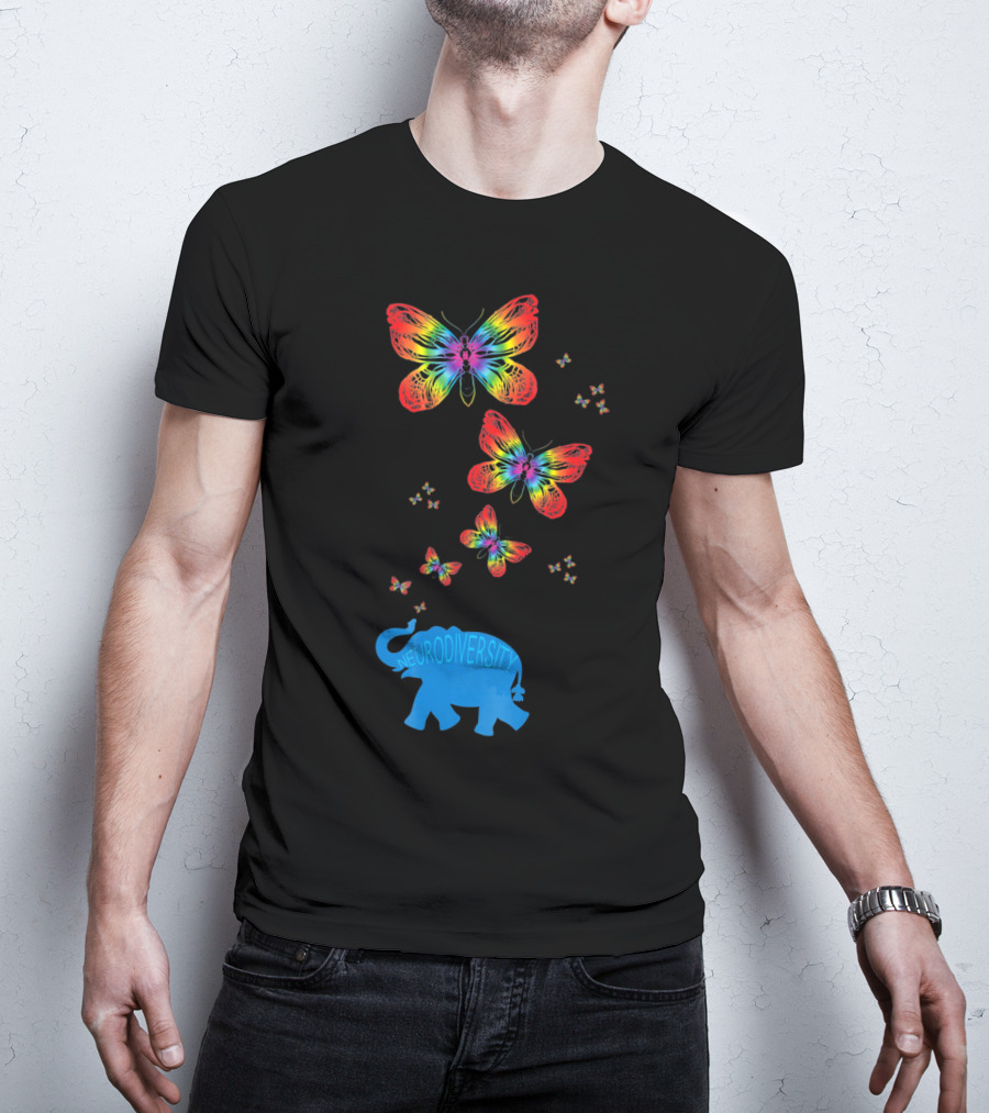 Neurodiversity Autism Elephant With Rainbow Butterflies T-Shirt