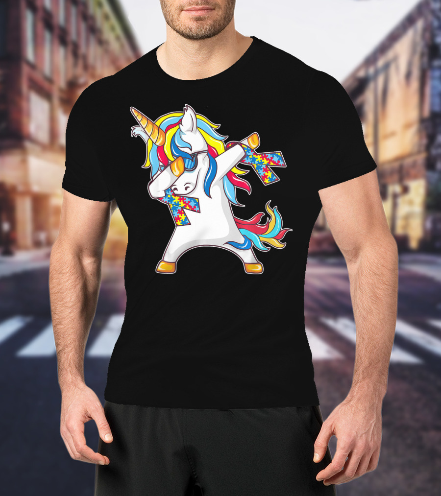 Autism Awareness Unicorn With Colorful Puzzle Dabbing Pose T-Shirt