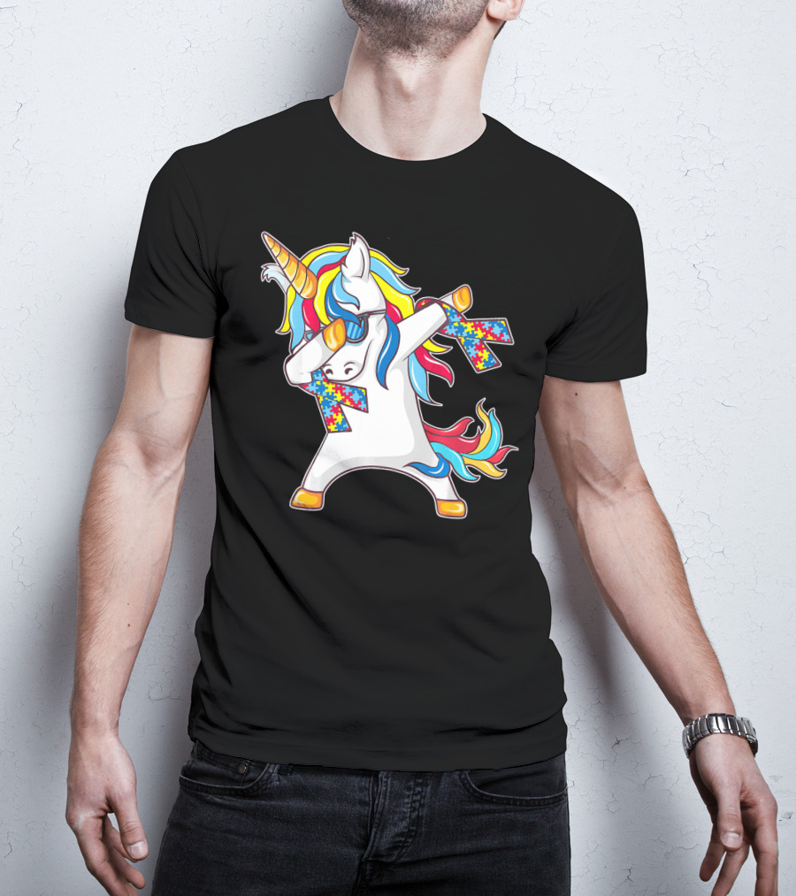 Autism Awareness Unicorn With Colorful Puzzle Dabbing Pose T-Shirt