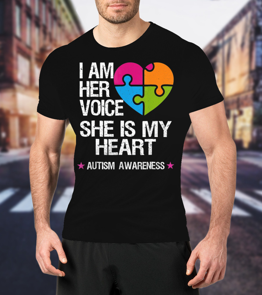 I Am Her Voice She Is My Heart Autism Awareness Puzzle Heart T-Shirt