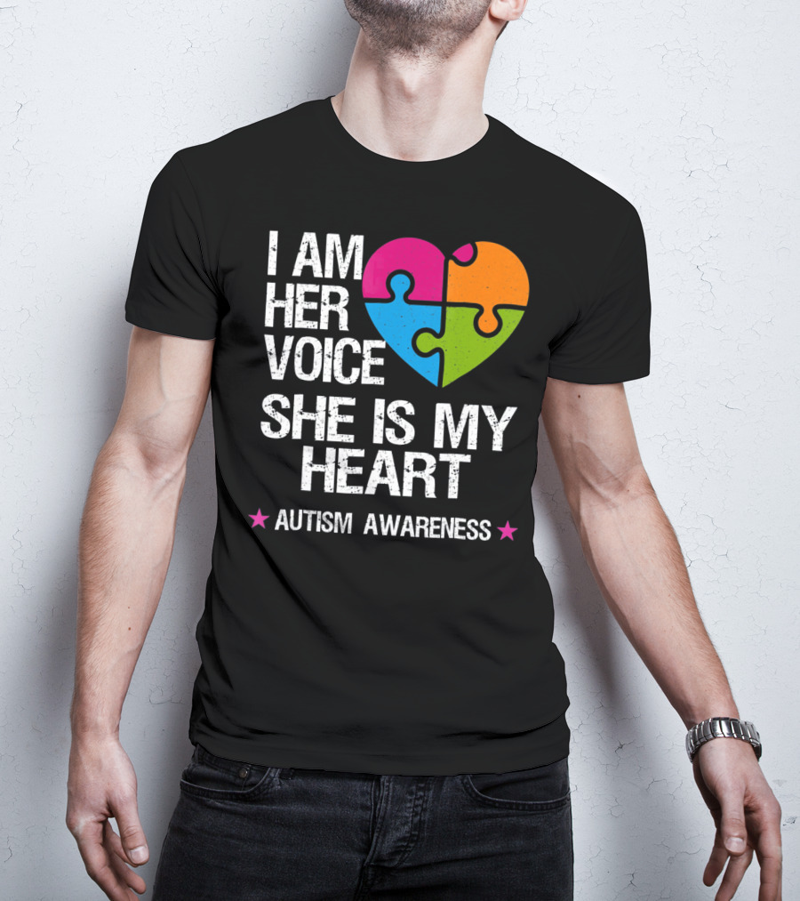 I Am Her Voice She Is My Heart Autism Awareness Puzzle Heart T-Shirt