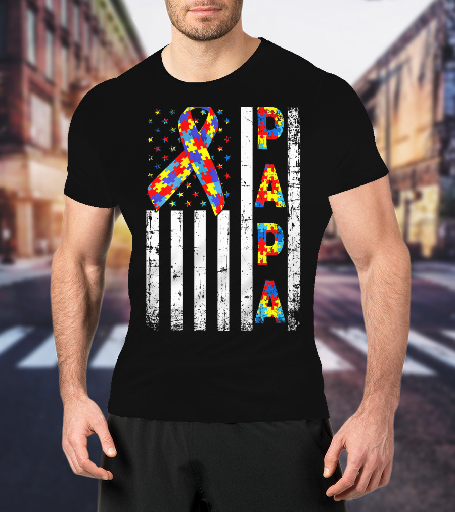 Papa Autism Awareness Puzzle Ribbon USA Flag T-Shirt