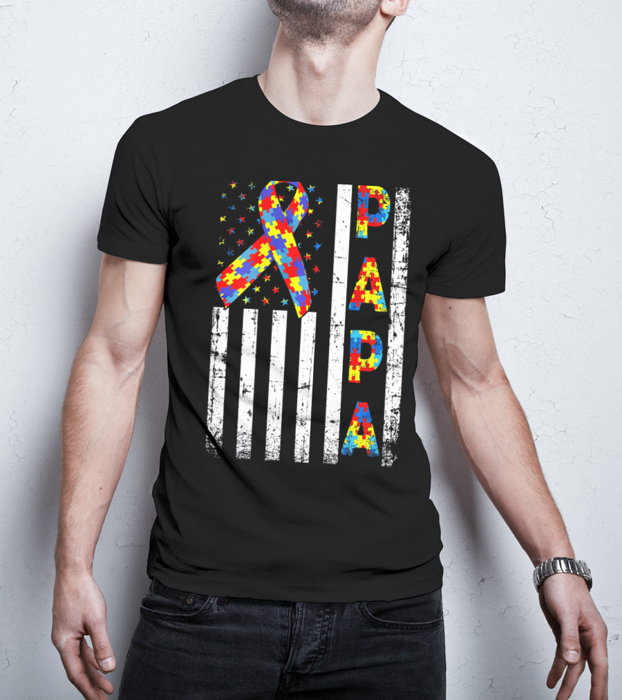 Papa Autism Awareness Puzzle Ribbon USA Flag T-Shirt