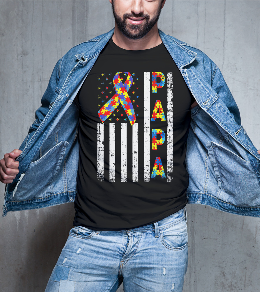 Papa Autism Awareness Puzzle Ribbon USA Flag T-Shirt