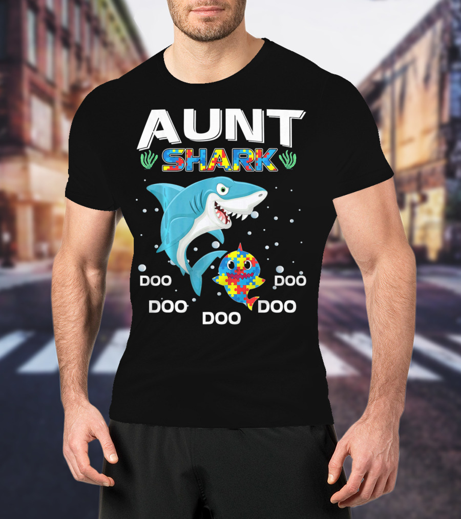 Aunt Shark Doo Doo Autism Awareness Puzzle Piece T-Shirt