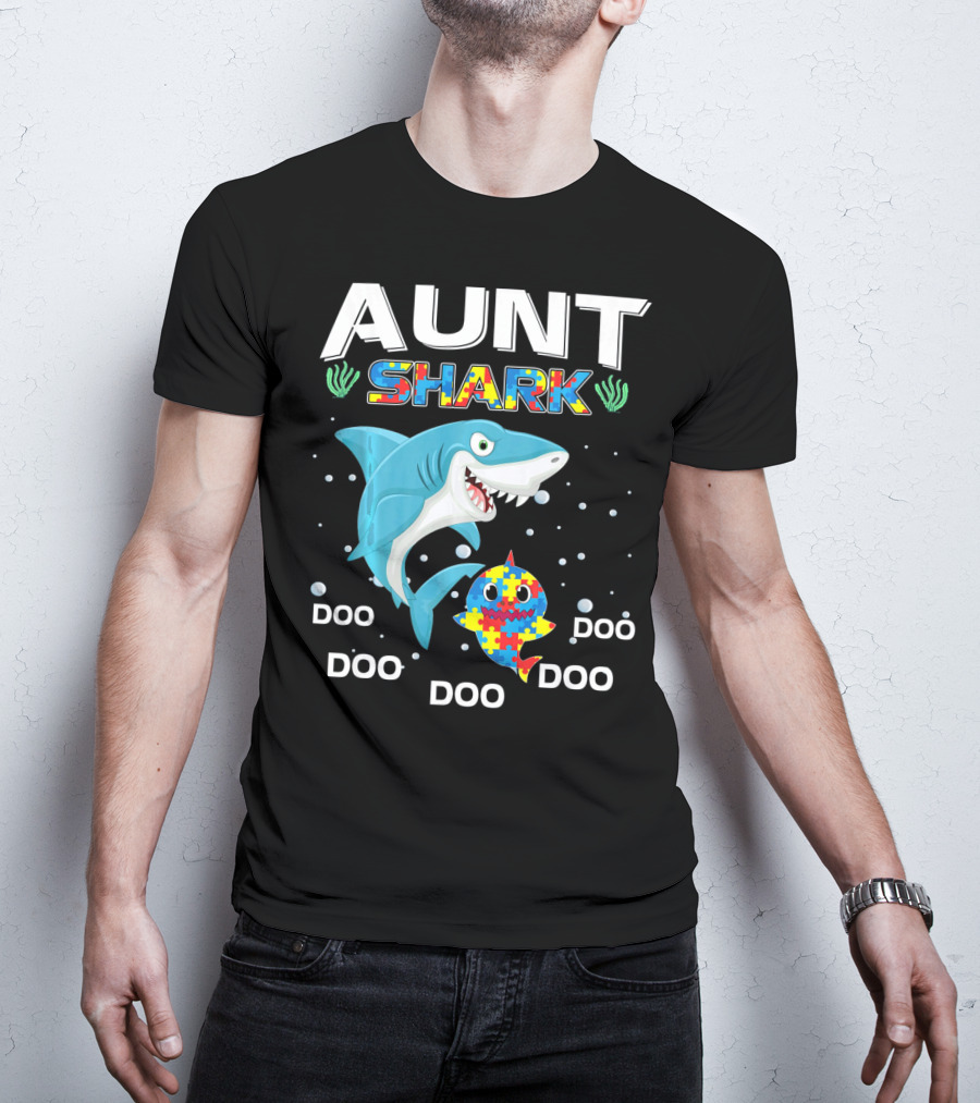Aunt Shark Doo Doo Autism Awareness Puzzle Piece T-Shirt
