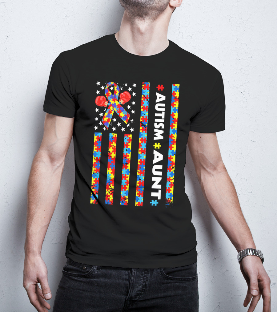 Autism Awareness Aunt American Flag Puzzle Ribbon And Boxing Gloves T-Shirt