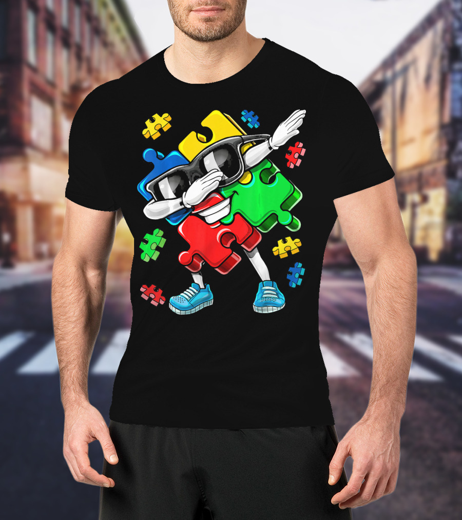 Autism Awareness Cool Dabbing Puzzle Piece Character T-Shirt