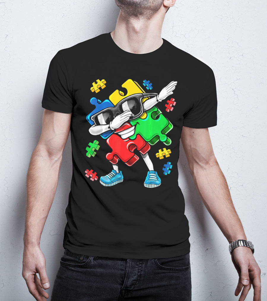 Autism Awareness Cool Dabbing Puzzle Piece Character T-Shirt