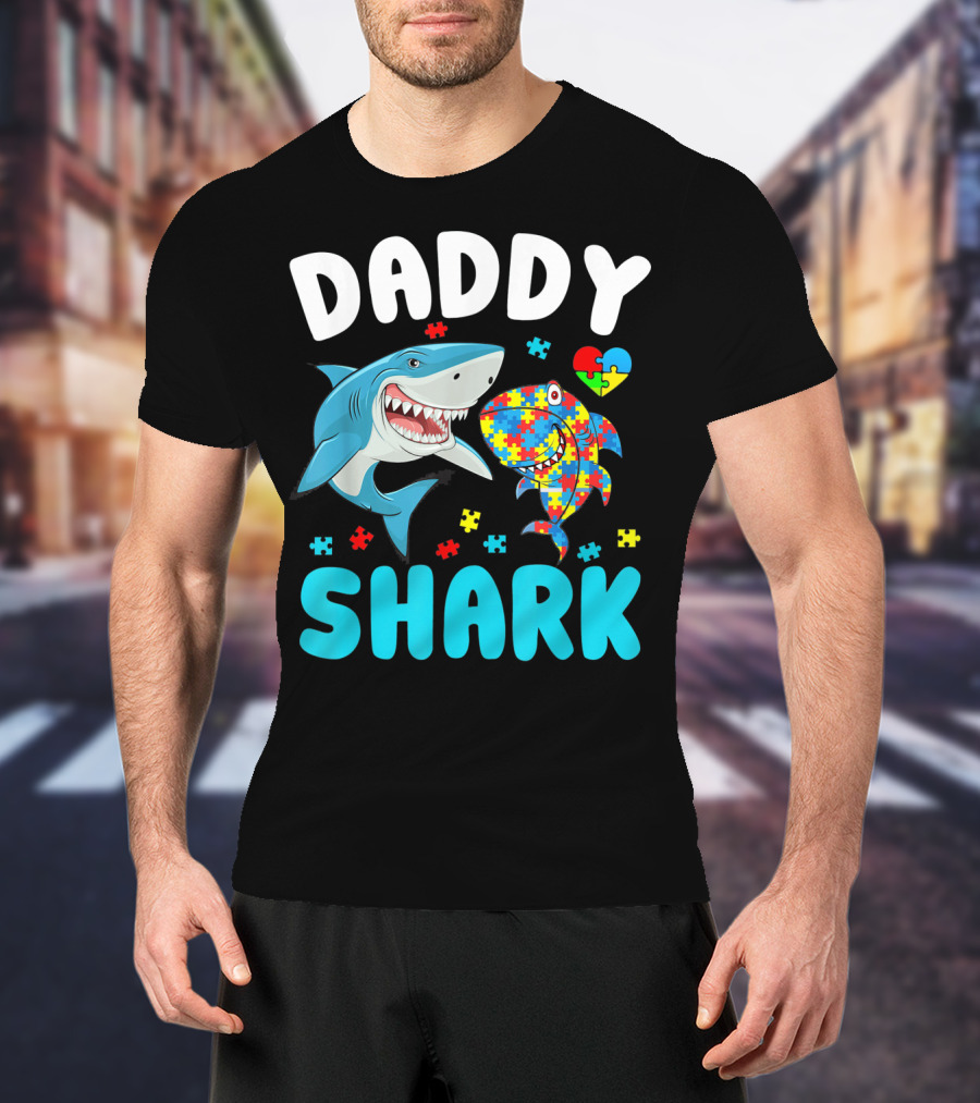 Daddy Shark Autism Awareness Puzzle Heart T-Shirt