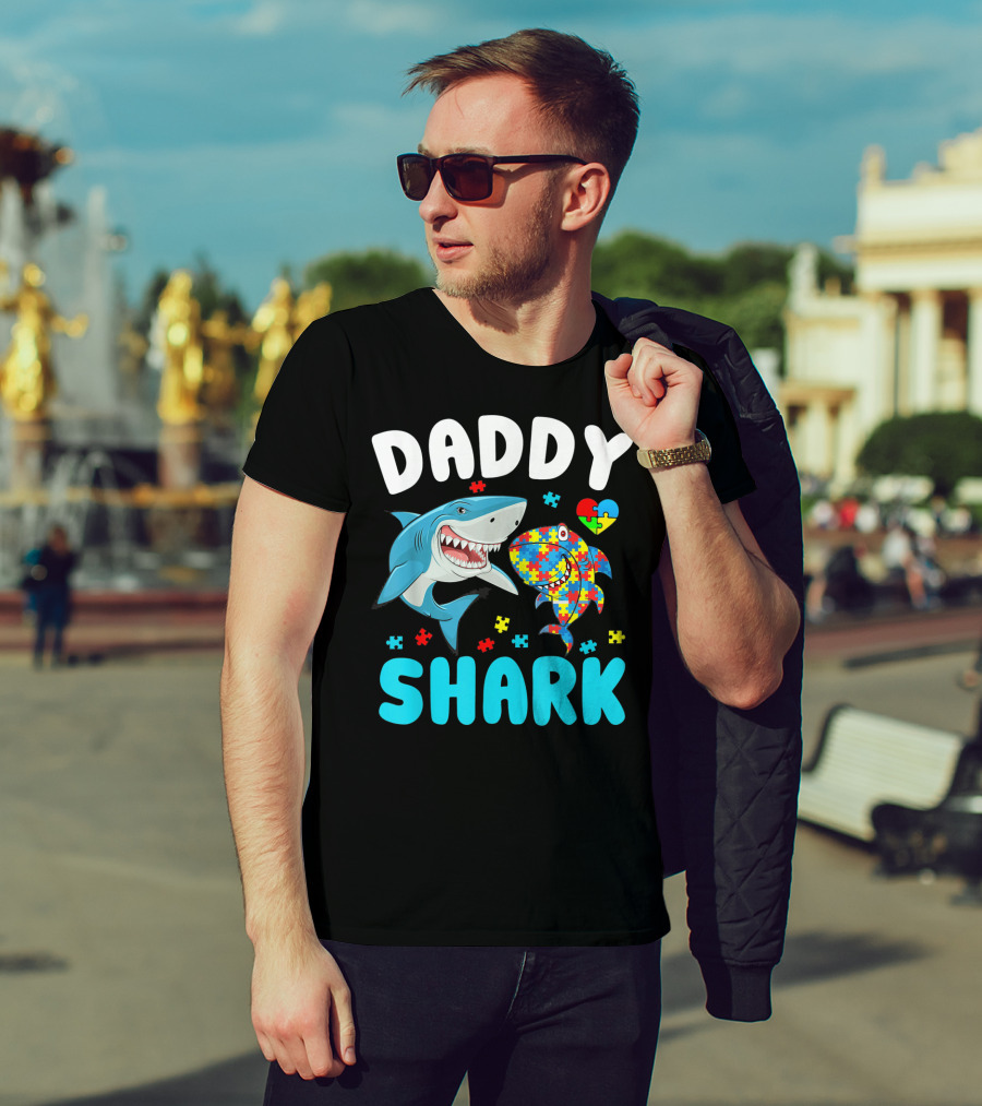 Daddy Shark Autism Awareness Puzzle Heart T-Shirt