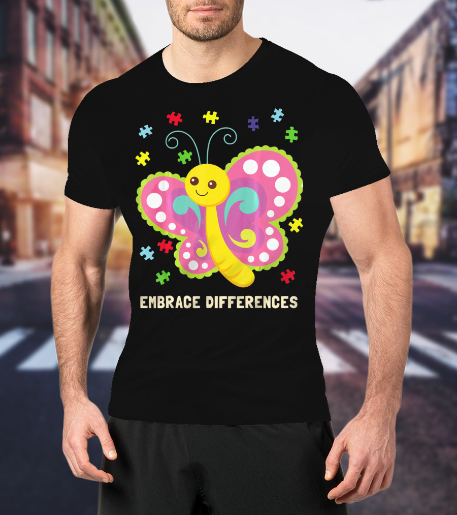 Embrace Differences Autism Awareness Boy Girl Butterfly Puzzle Pieces T-Shirt