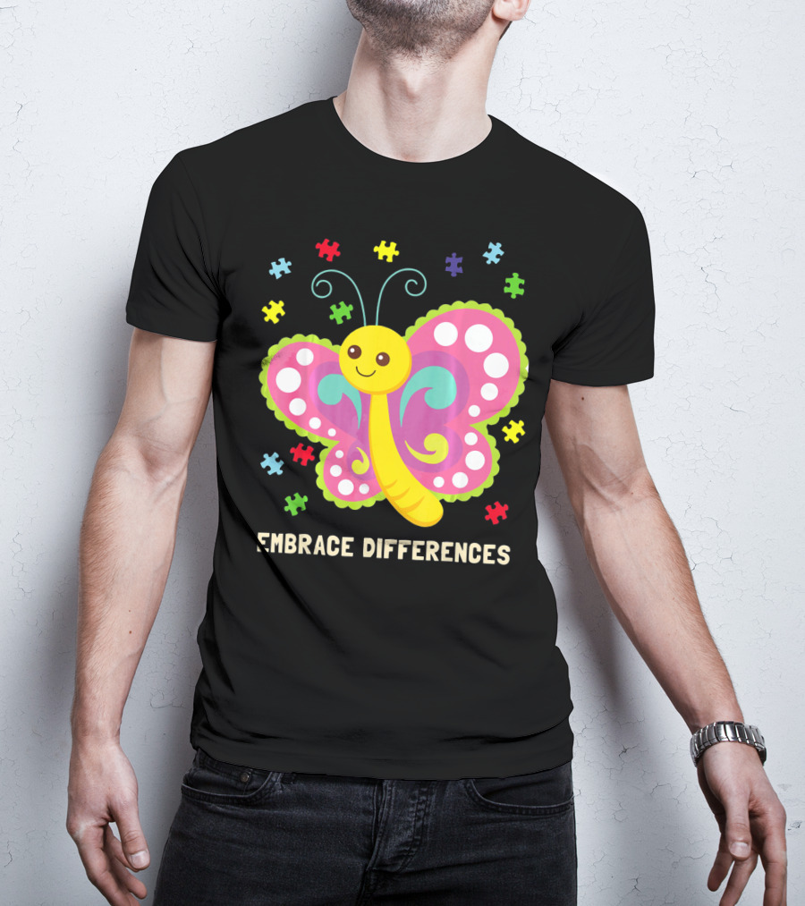 Embrace Differences Autism Awareness Boy Girl Butterfly Puzzle Pieces T-Shirt