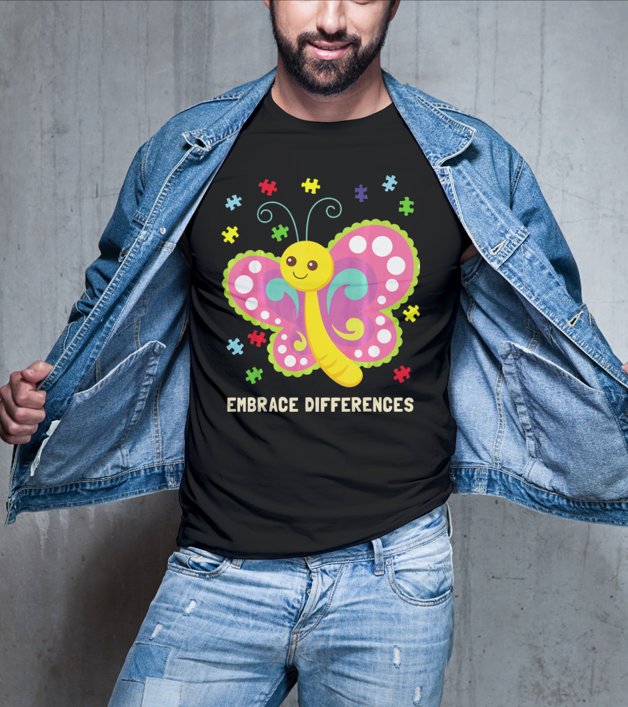 Embrace Differences Autism Awareness Boy Girl Butterfly Puzzle Pieces T-Shirt