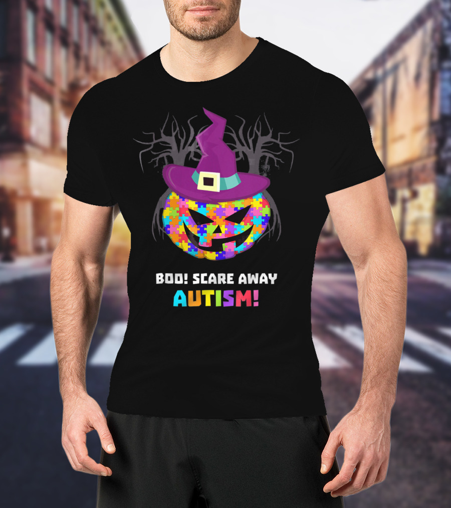 Boo Scare Away Autism Pumpkin Hat Halloween T-Shirt