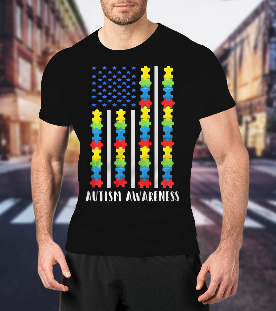 Autism Awareness Puzzle Piece USA Flag T-Shirt