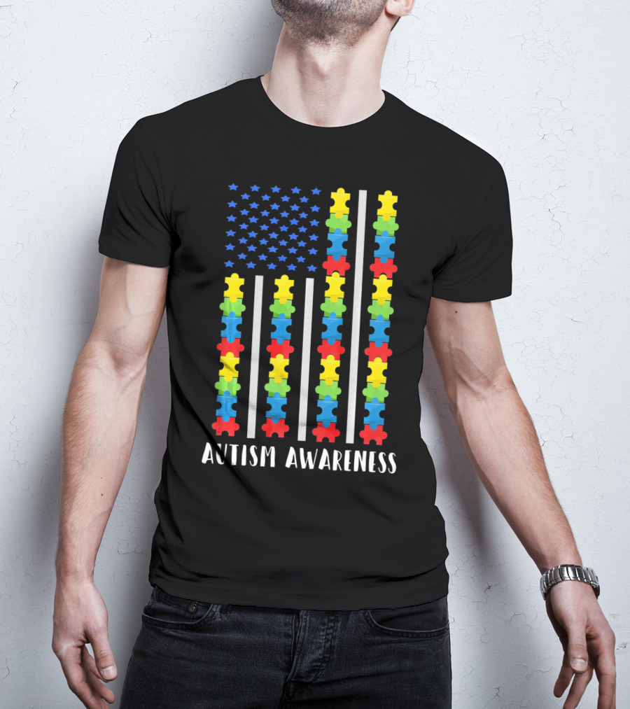 Autism Awareness Puzzle Piece USA Flag T-Shirt