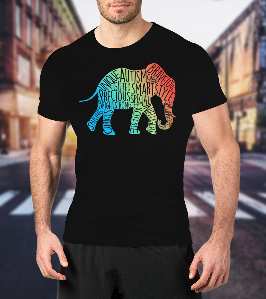 Autism Awareness Elephant Collage Brave Unique Precious Bright Smart Strong T-Shirt